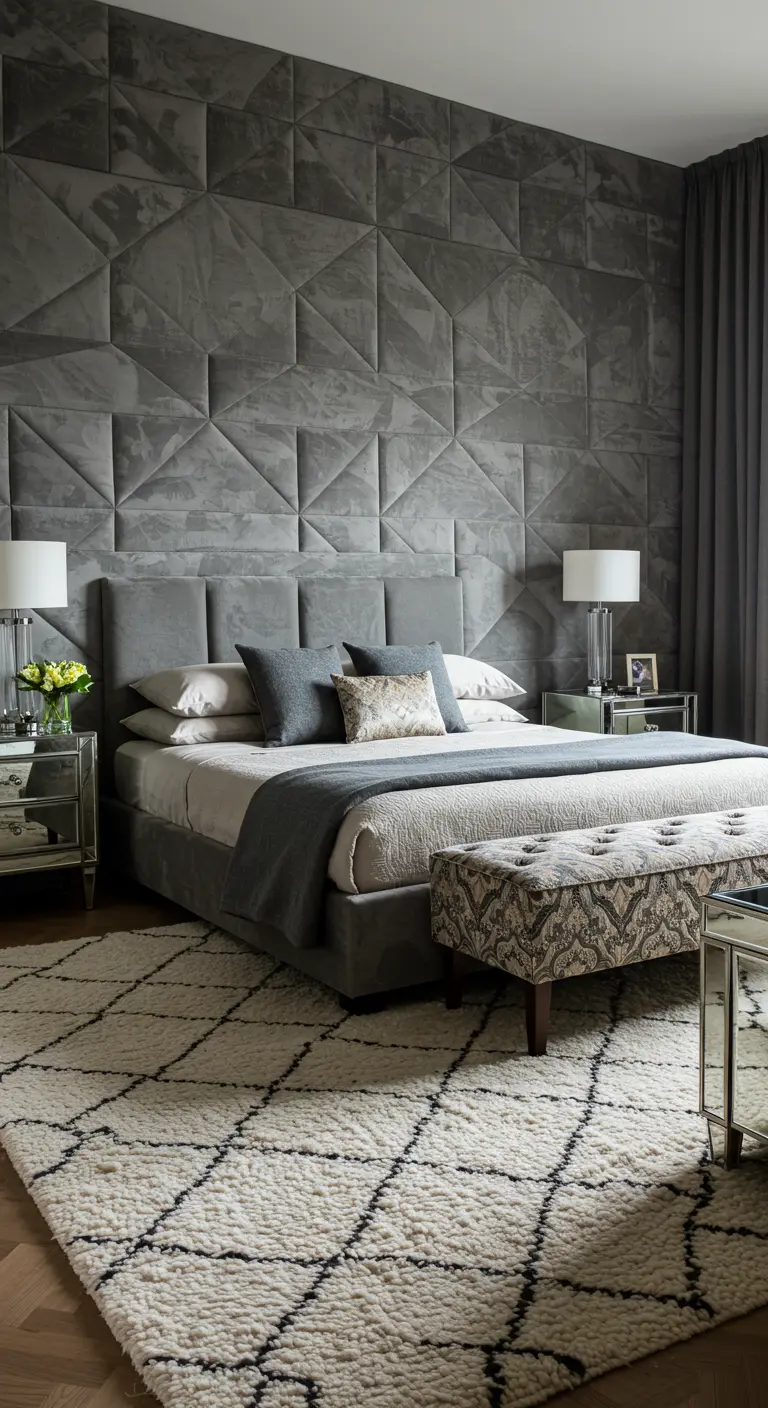 Bedroom with a geometric grey velvet upholstered accent wall behind the bed.