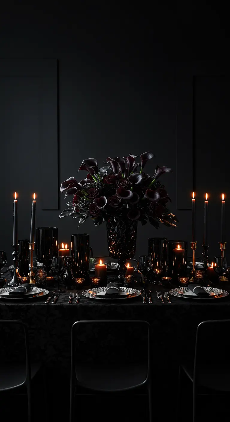 An all-black tablescape with black plates, glassware, and candles, creating a moody, dramatic effect.