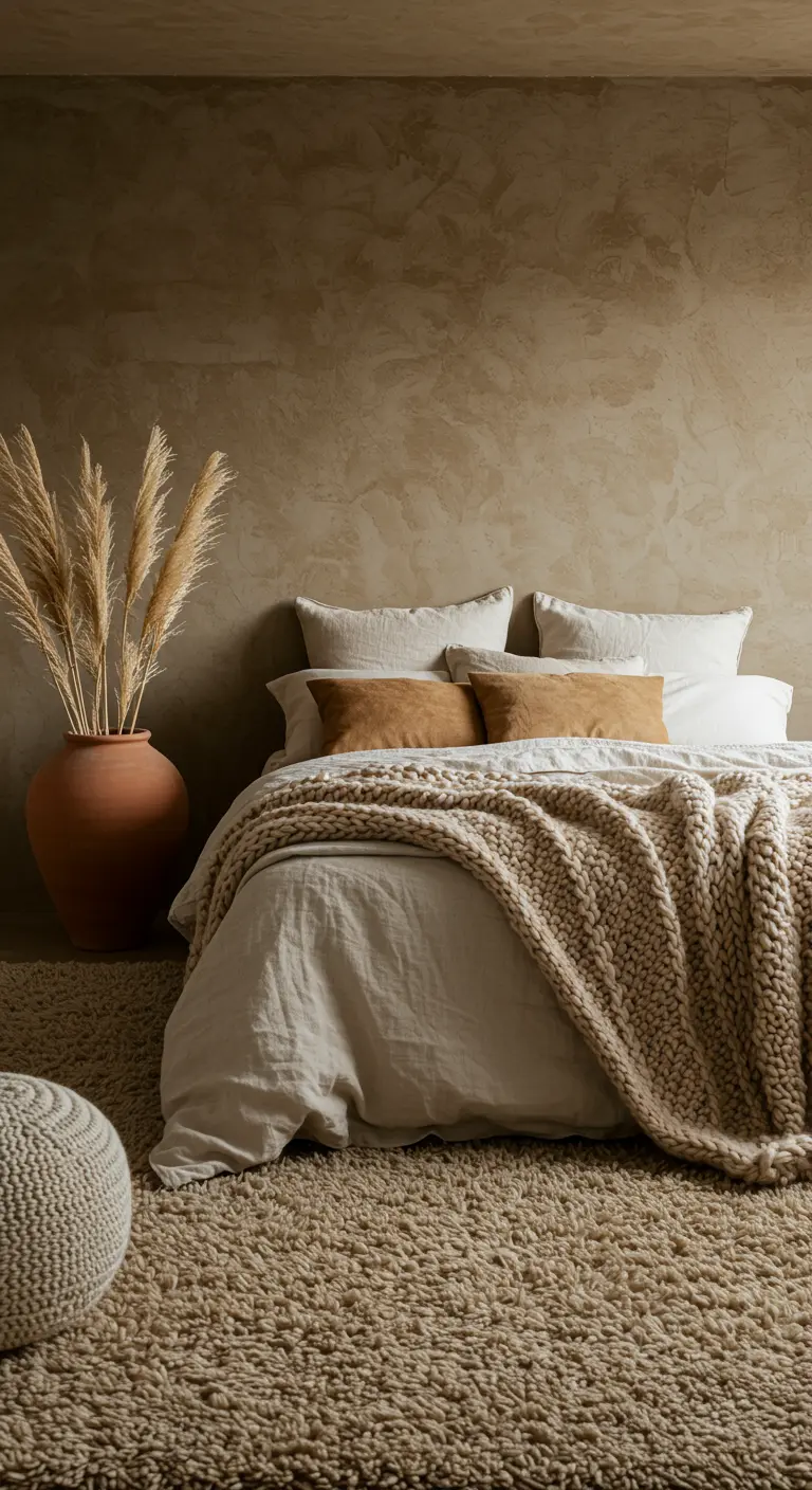 A bedroom with layers of texture, including a shag rug and knit blanket.