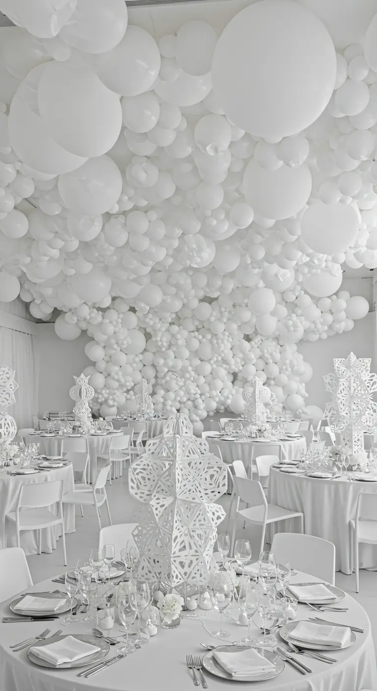 An all-white party where the walls and ceiling are covered in a dense cloud of white balloons.