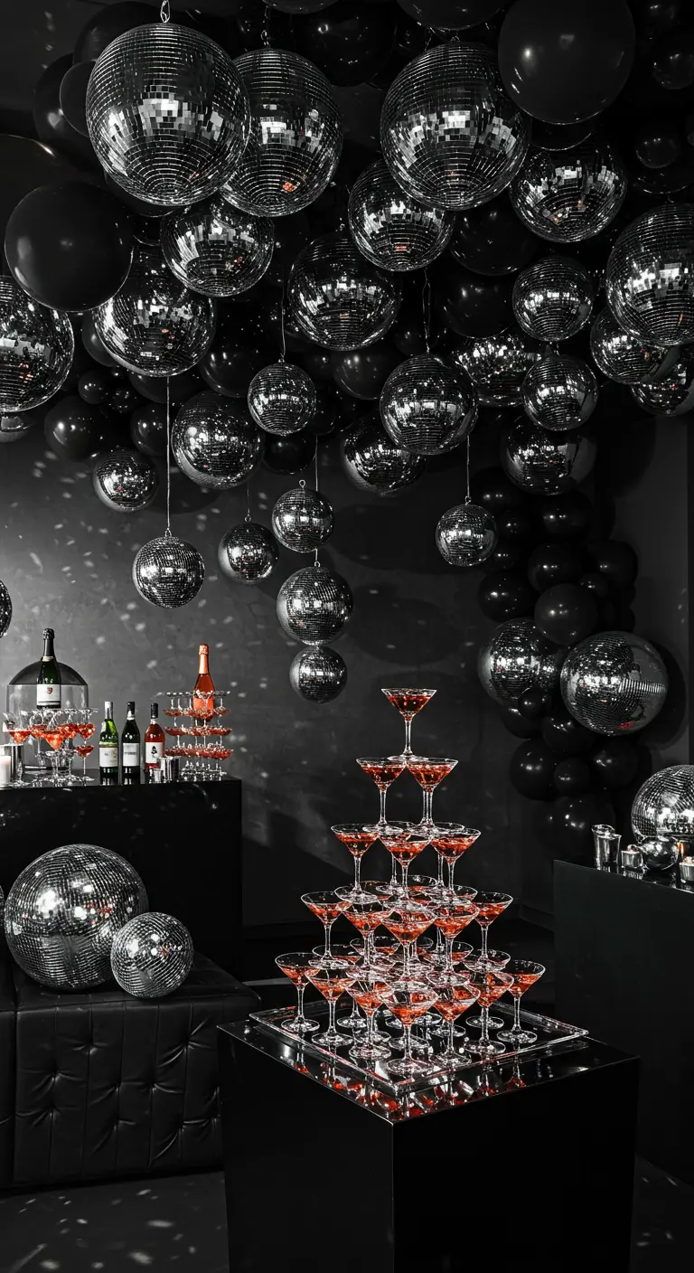 A ceiling completely covered in black balloons and silver disco balls over a pink cocktail tower.