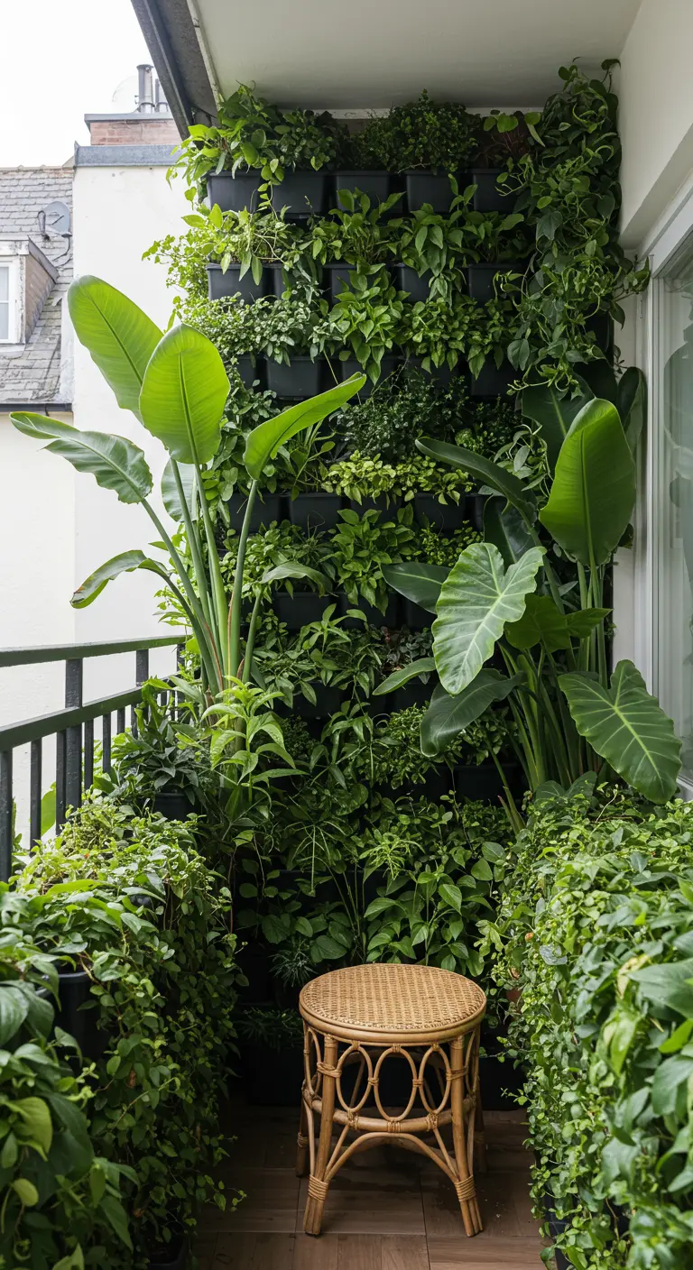 A lush balcony with a full living wall and a large bird of paradise plant.