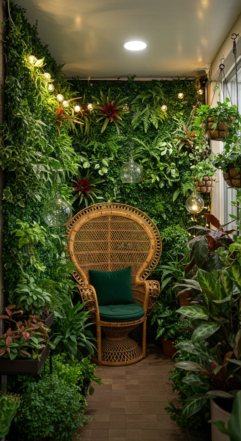 A narrow balcony transformed into a lush jungle with a green wall and a peacock chair.