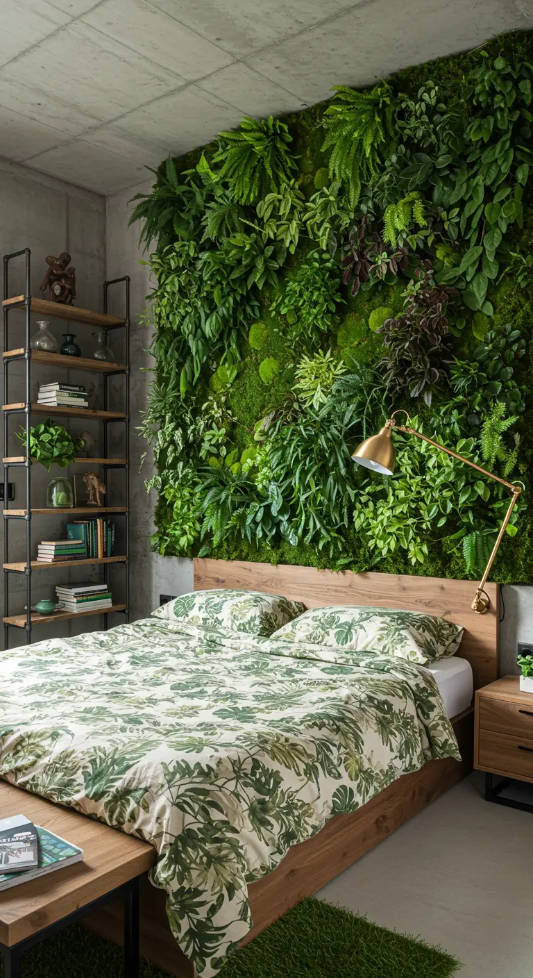 Bedroom with a dense living green wall behind a wood-framed bed with leafy print bedding.