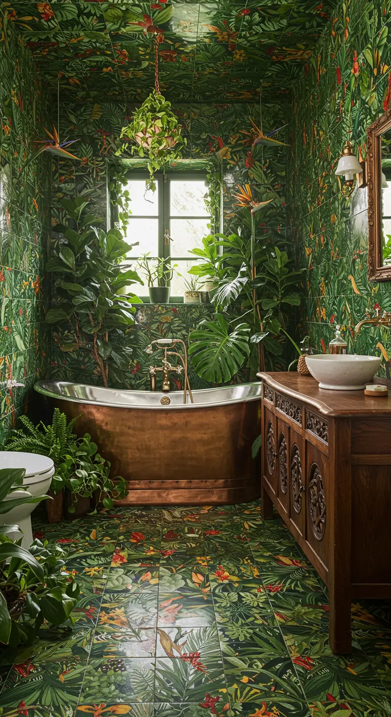 Maximalist bathroom covered in green tropical leaf patterned tile with a copper tub.