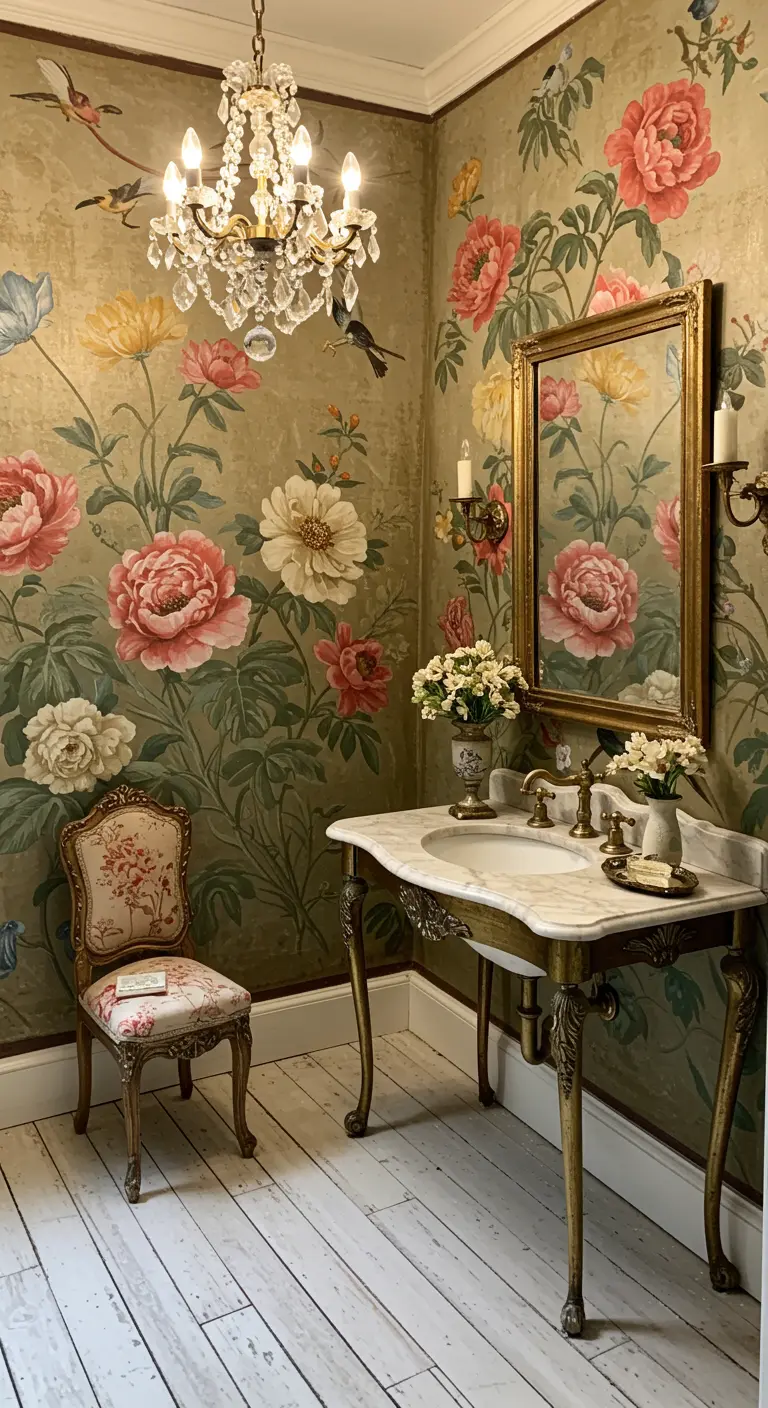 A powder room with large-scale floral mural wallpaper and an ornate gold vanity.