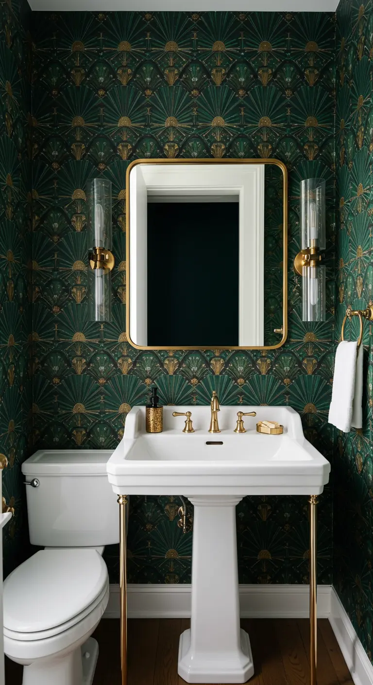 Powder room with green and gold Art Deco wallpaper, a white pedestal sink with a brass frame, and glass sconces.