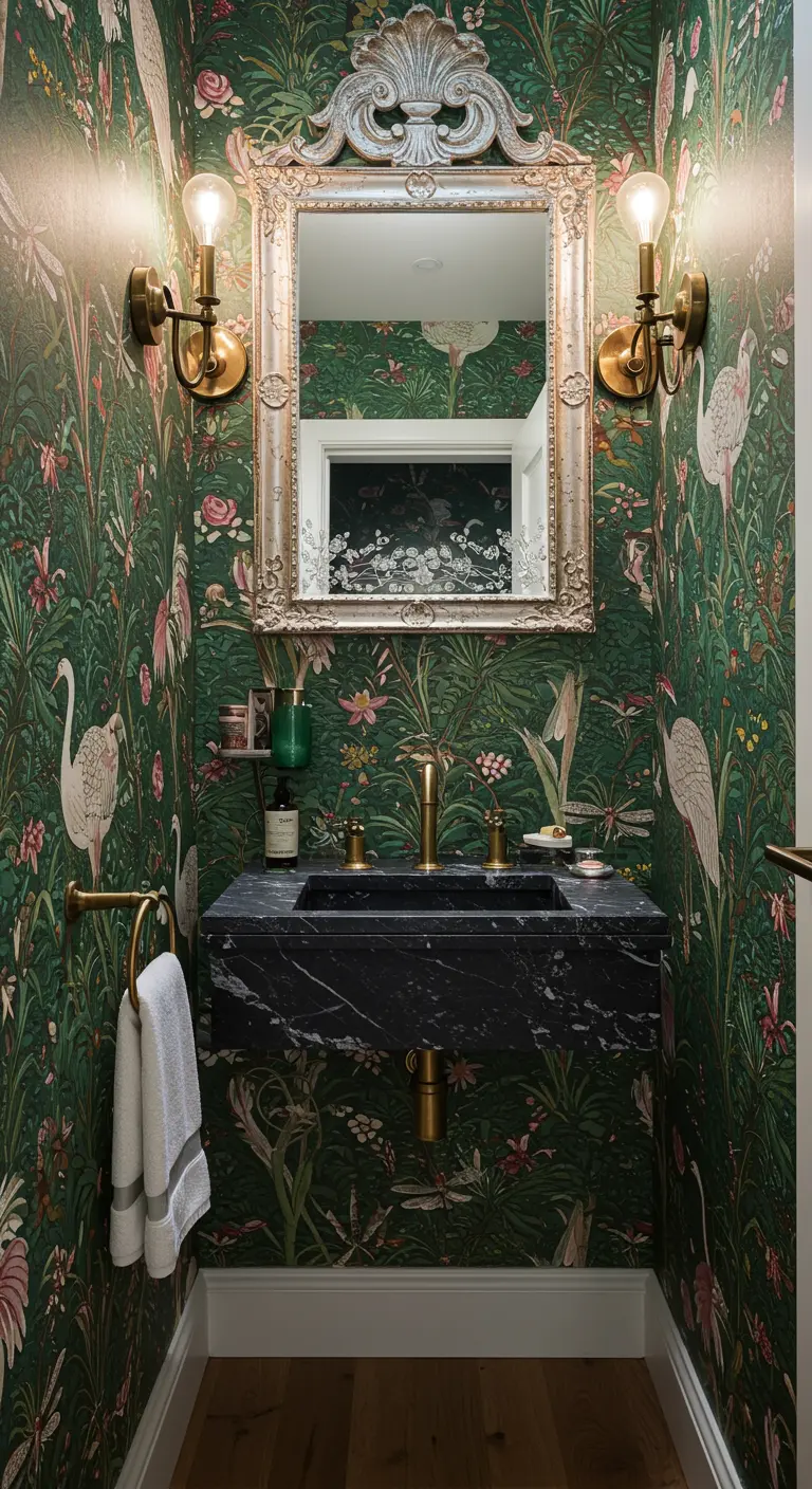 Powder room with green heron wallpaper, a floating black marble sink, and brass fixtures.