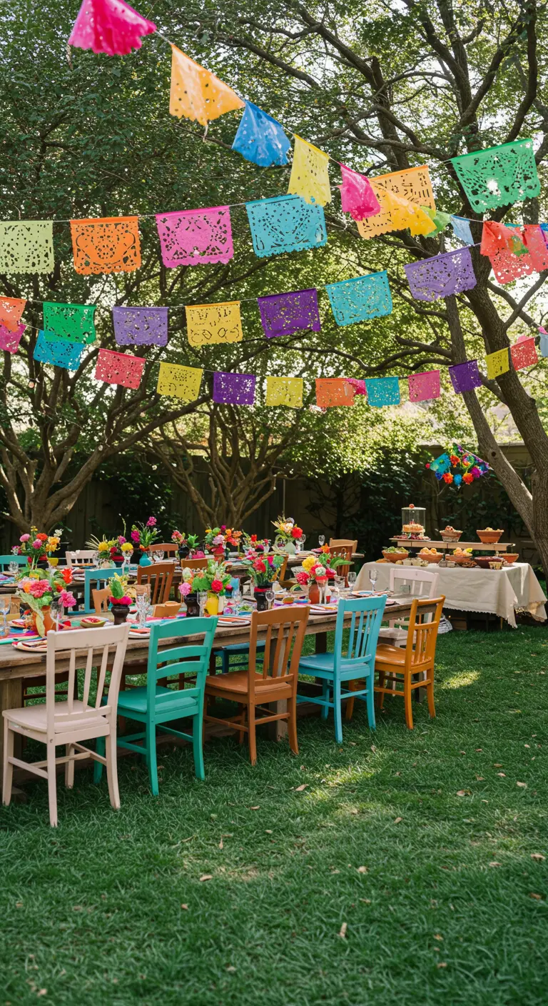 A festive backyard party with colorful papel picado banners strung between trees over dining tables.