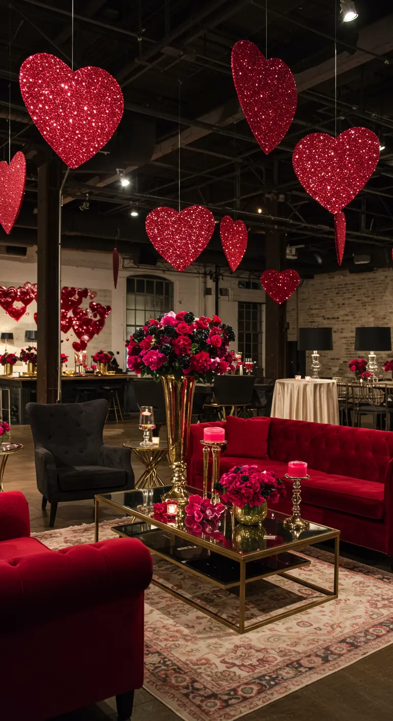 High-ceilinged party lounge with giant red glitter hearts hanging above red velvet couches.