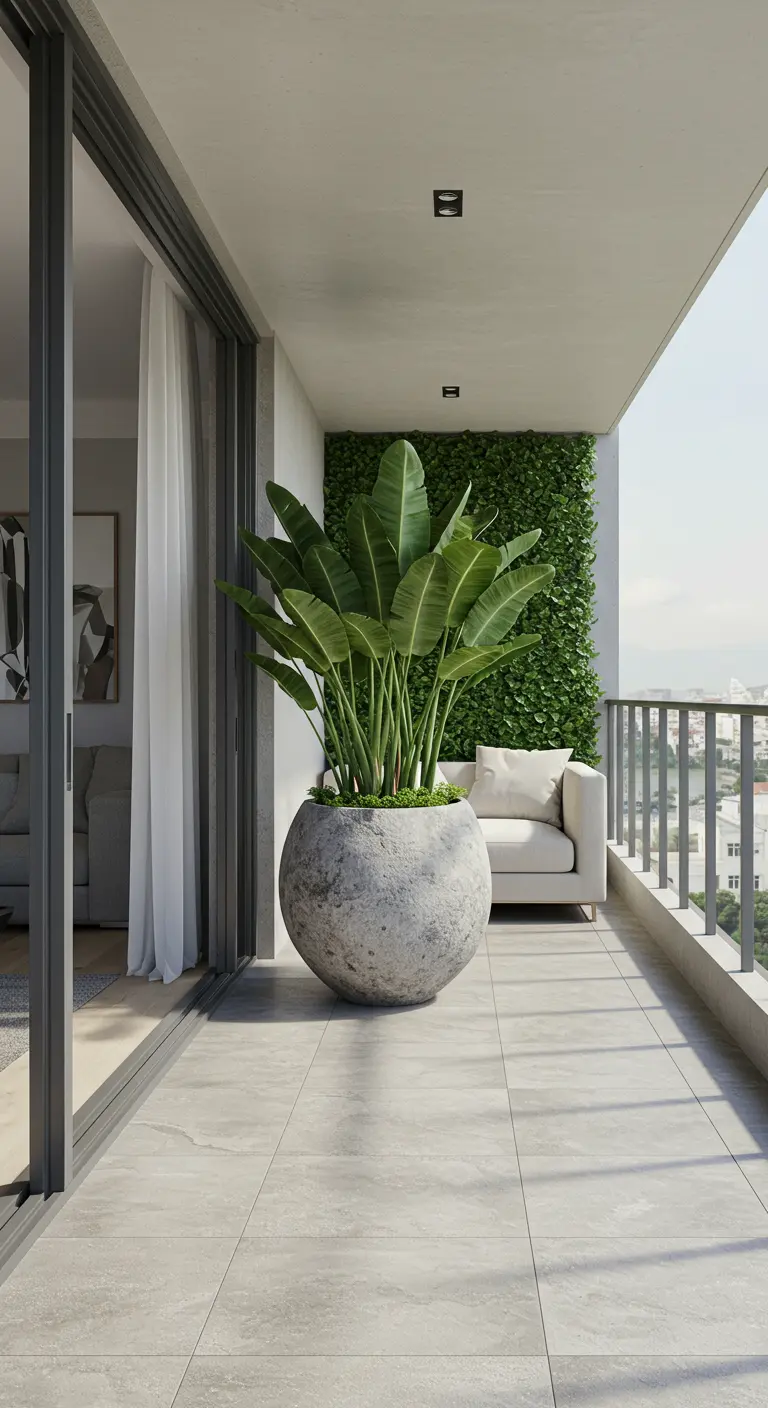 A large, round stone planter with a Bird of Paradise plant on a modern balcony.