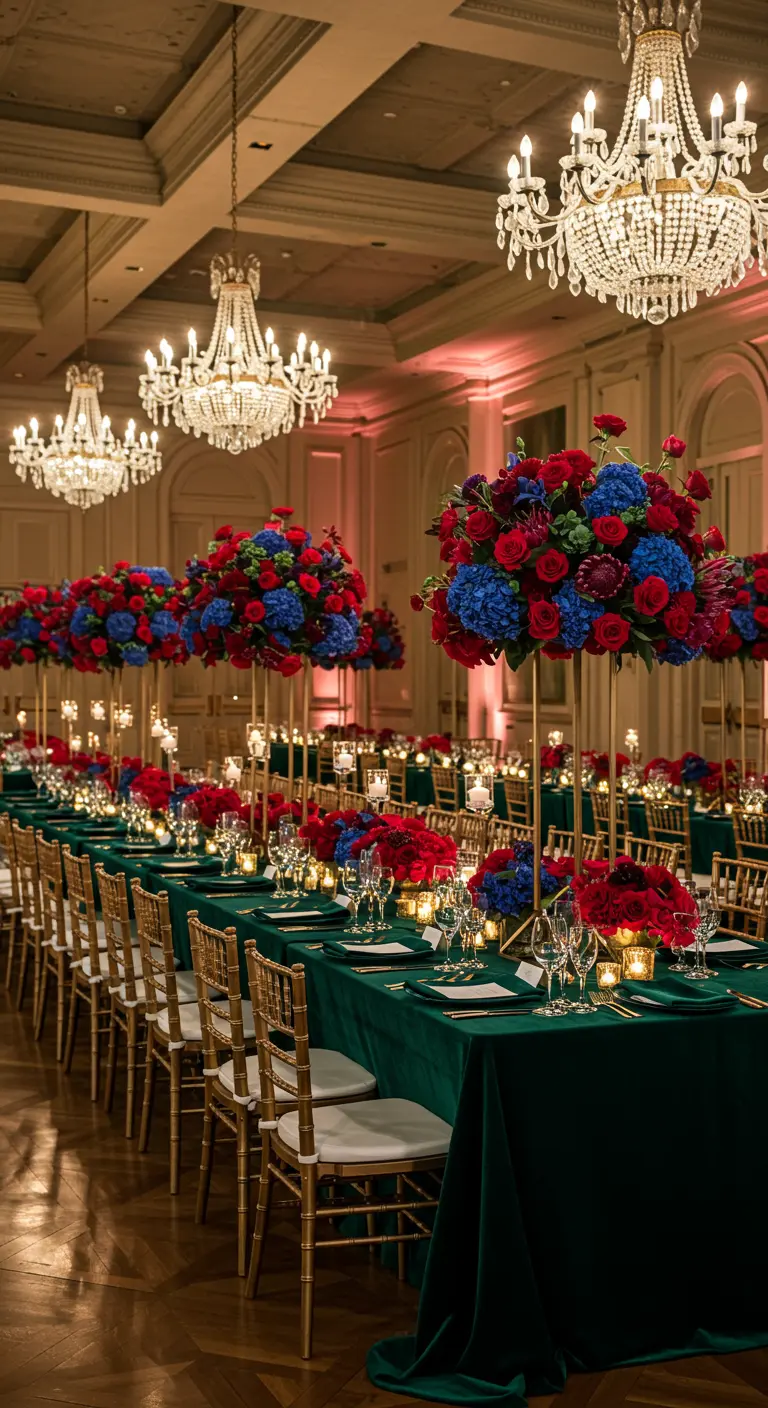 Elegant ballroom with long emerald velvet tables, tall red and blue floral centerpieces on gold stands.