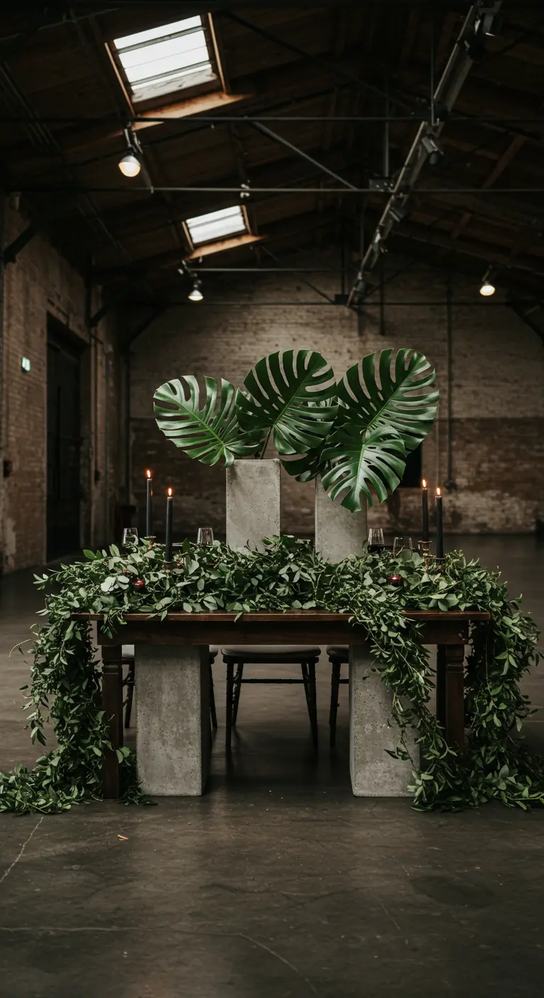 Sweetheart table with three giant monstera leaves in tall concrete plinths.