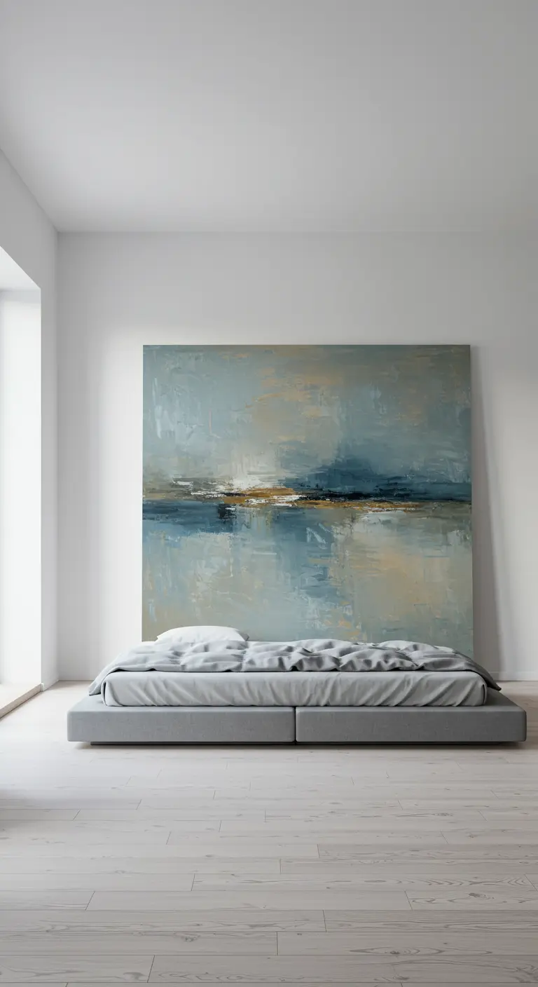 Minimalist bedroom where an oversized abstract painting serves as the entire wall's focal point.