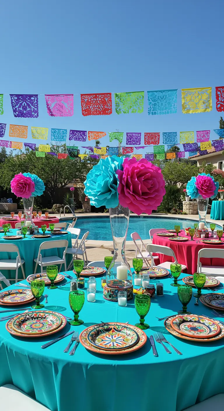 Poolside party tables with turquoise tablecloths and giant paper flower centerpieces in tall vases.