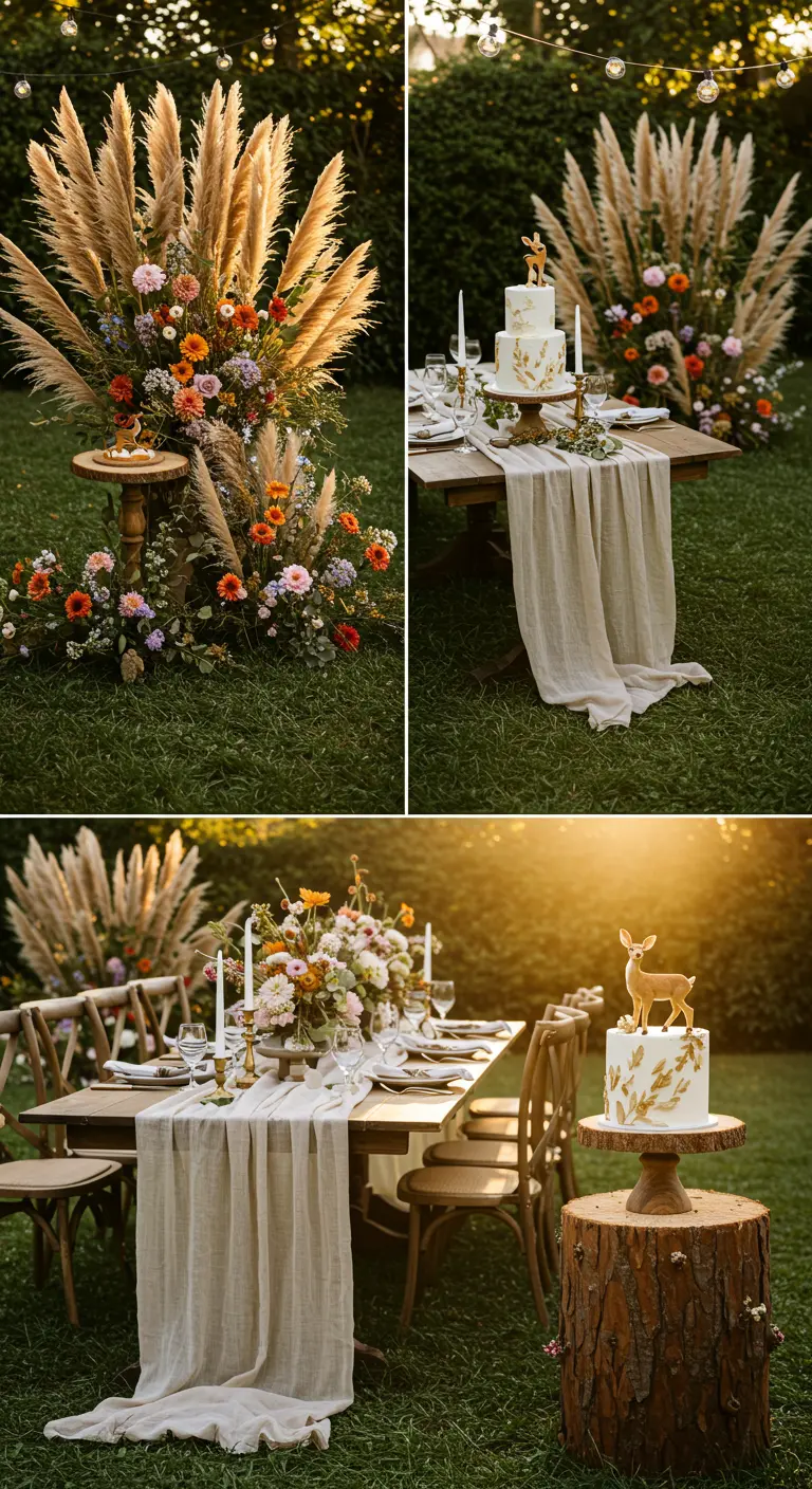 Boho woodland party with pampas grass arrangement and a deer-topped cake on a log stand.