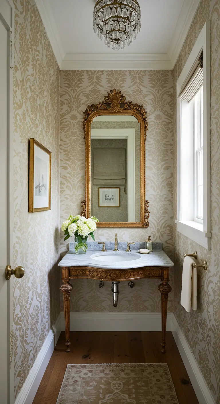 Elegant powder room with gold and beige damask wallpaper, an ornate gold mirror, and a marble vanity.