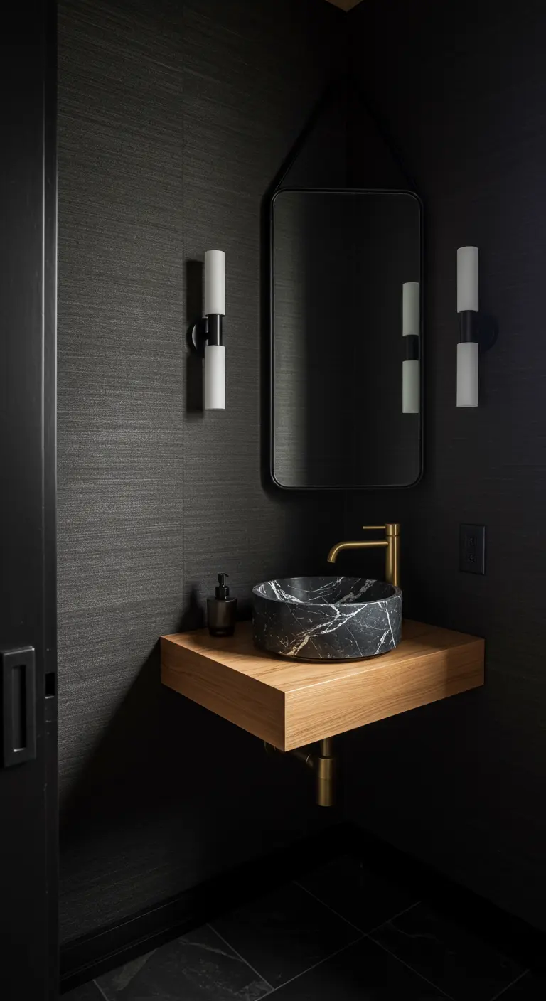 A dramatic powder room with dark textured walls, a floating wood shelf, and a marble vessel sink.