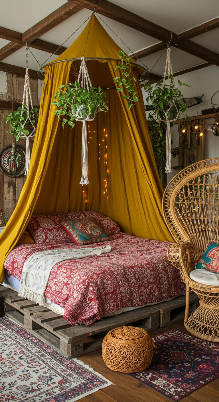 Bohemian bedroom with a mustard yellow canopy, patterned bedding, a pallet bed, and many plants.