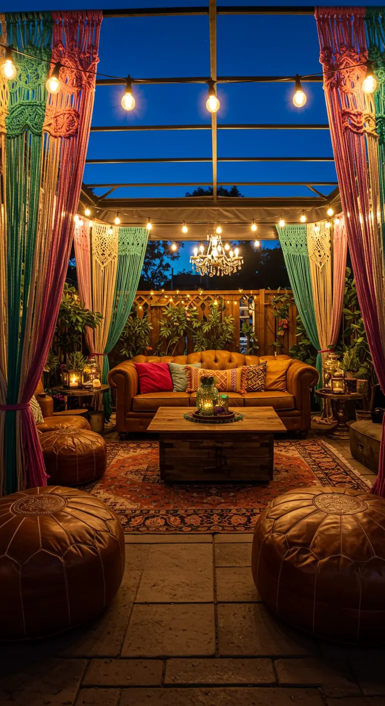 A patio at night with colorful macramé curtains in teal, pink, and yellow framing a leather sofa.