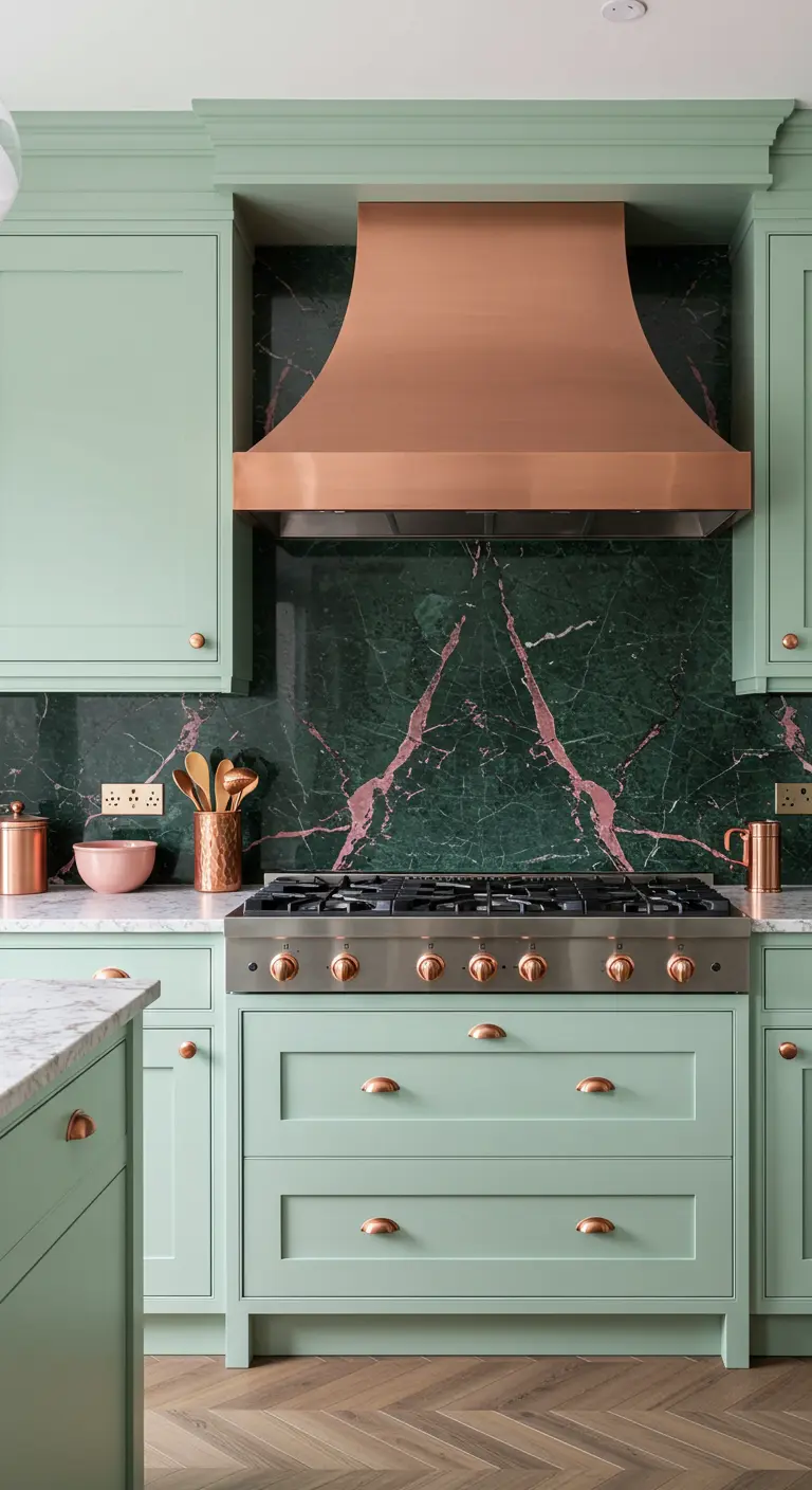 Mint kitchen with a statement copper range hood and a dark green marble backsplash.