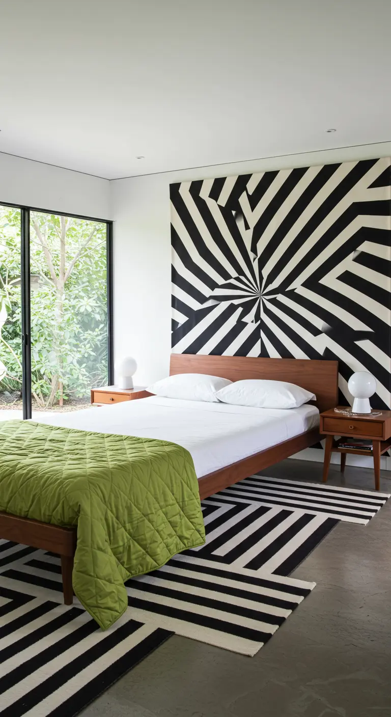 Bedroom featuring a dramatic black and white op-art accent wall behind the bed.