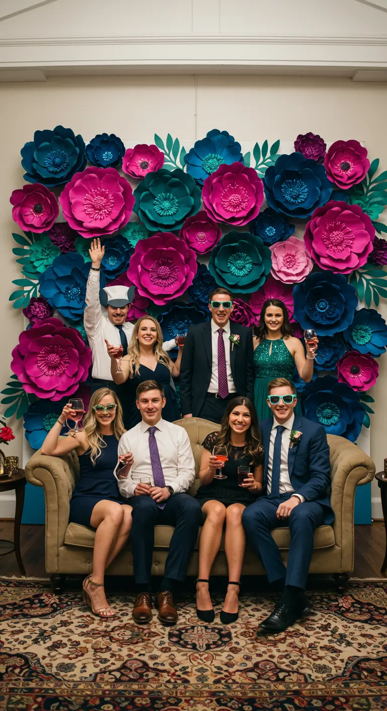 Group of friends posing in front of a wall of oversized magenta and teal paper flowers.