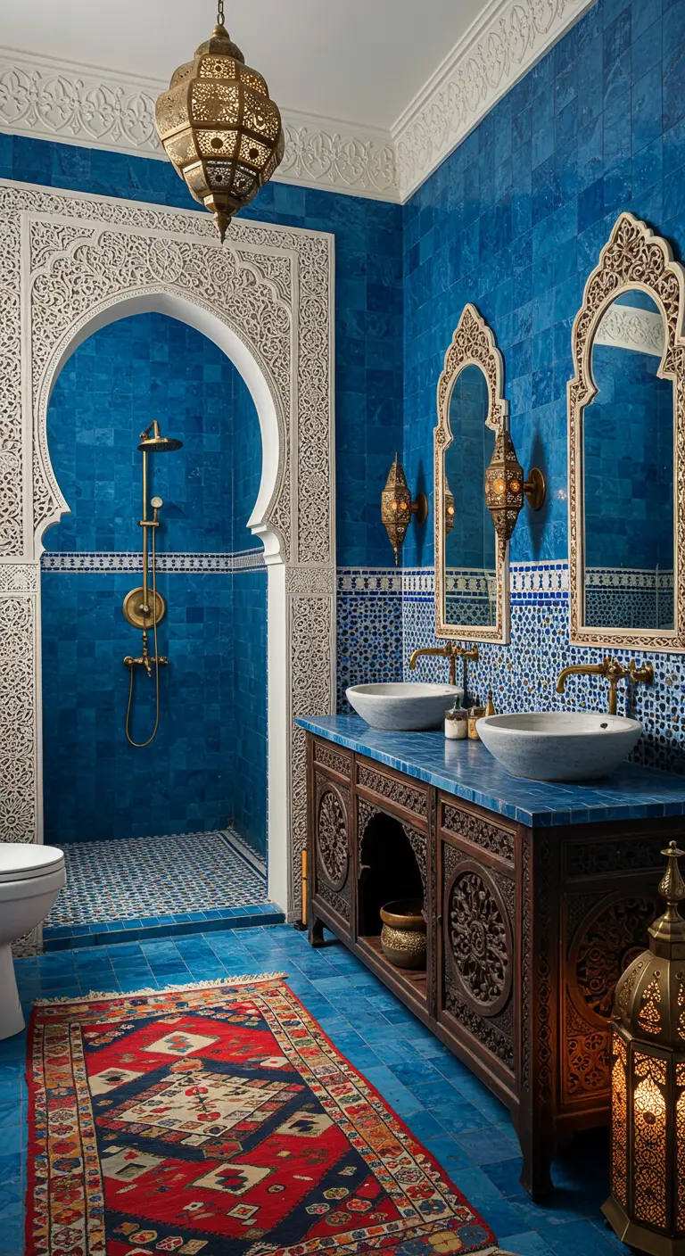 Vibrant blue Moroccan bathroom with ornate white plasterwork and a carved vanity.
