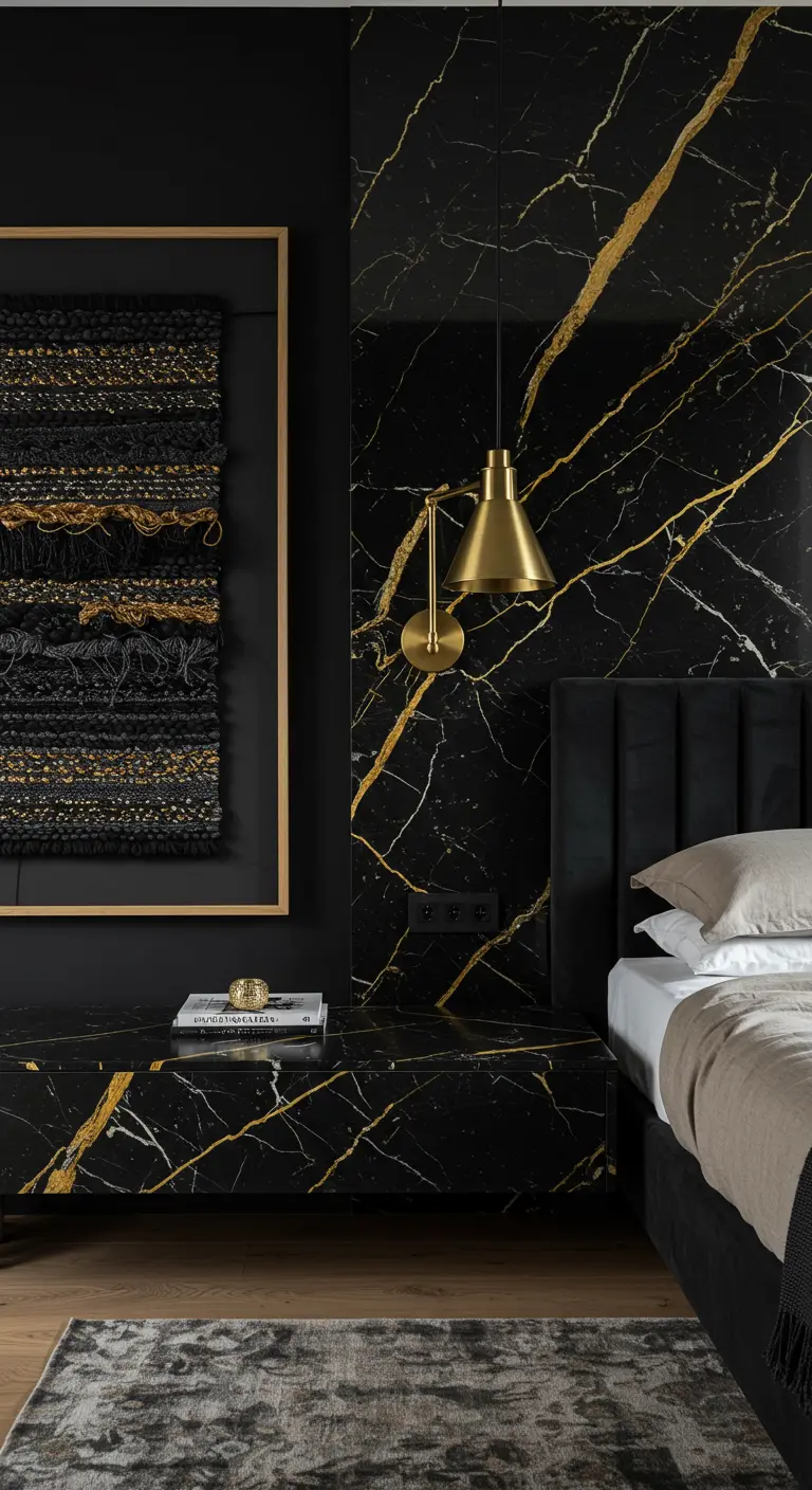 Bedroom with a black and gold marble accent wall and a woven wall hanging.