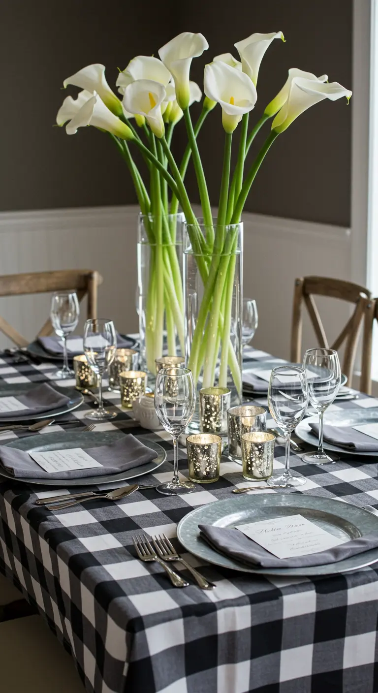 Elegant dining table covered in a full black-and-white buffalo check tablecloth.