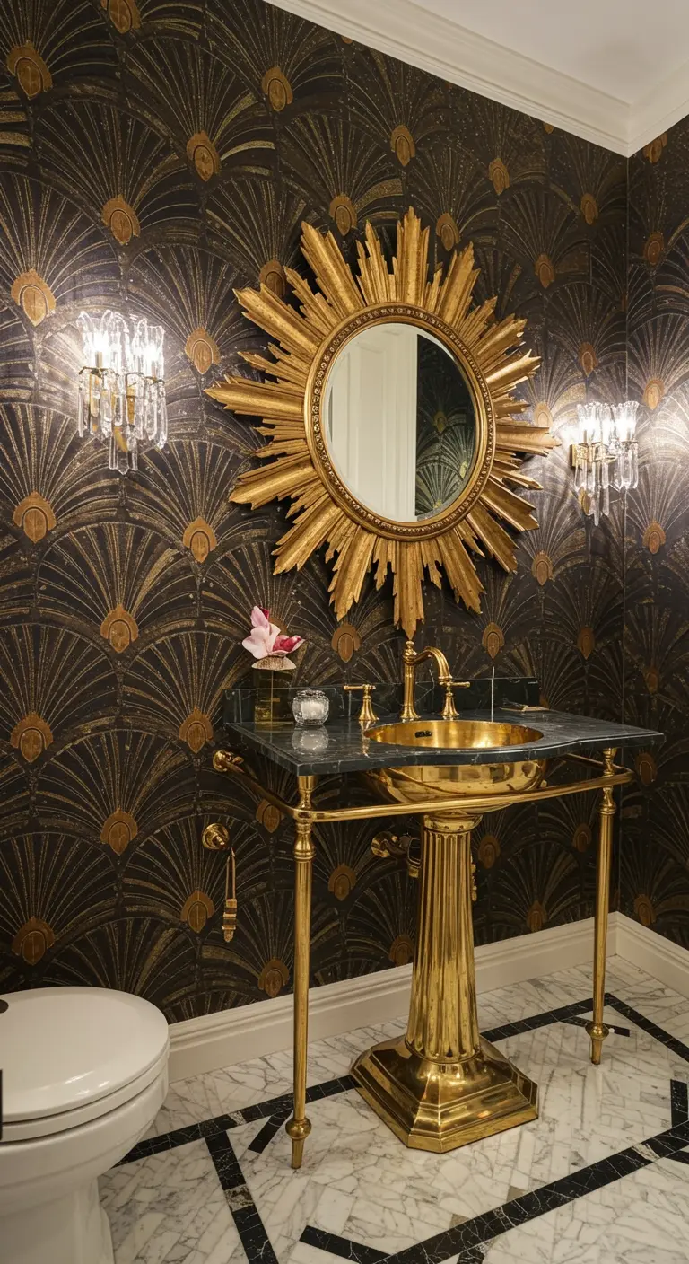 Art Deco powder room with black and gold fan wallpaper and a gold sunburst mirror.