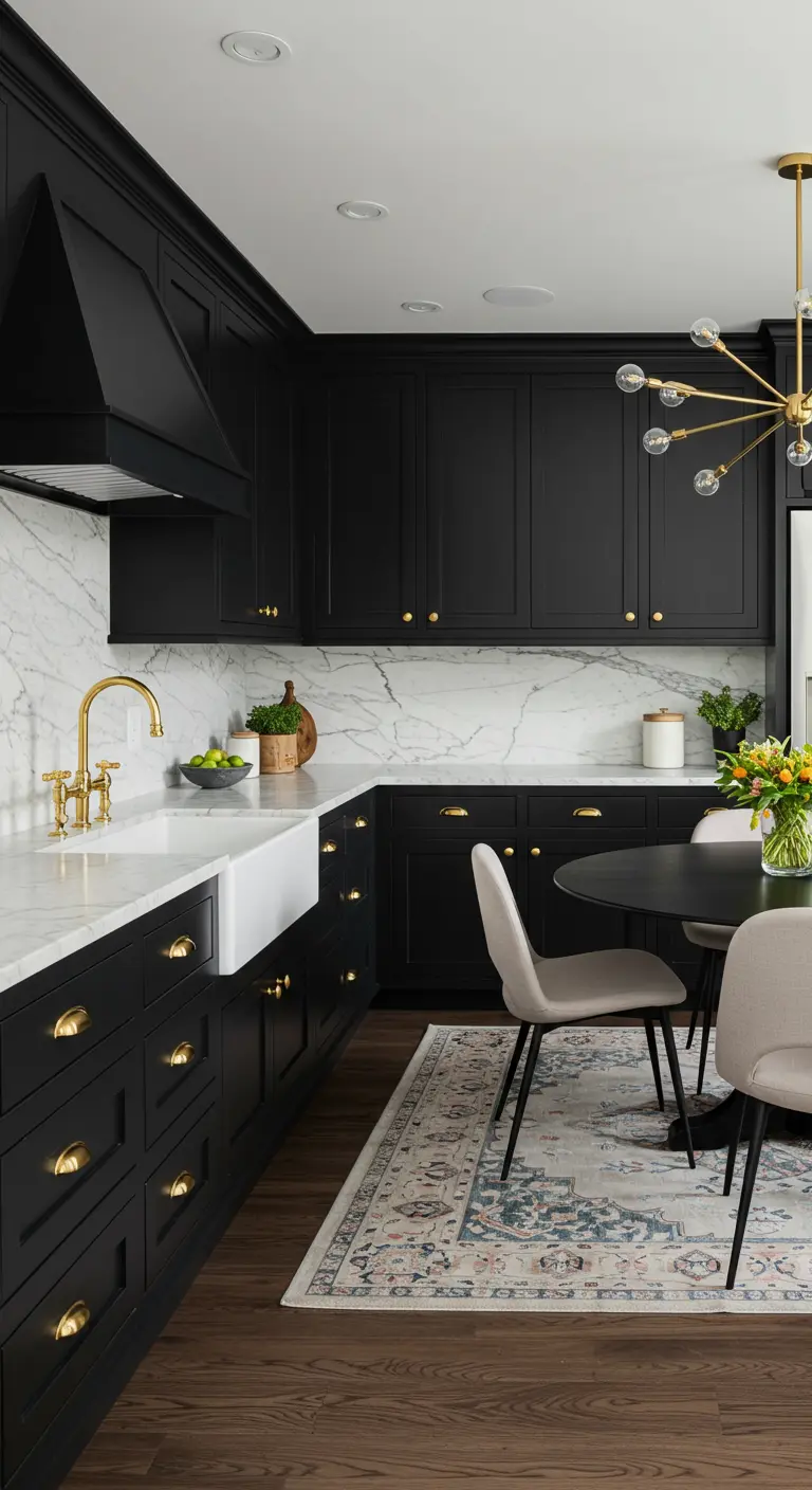 Dramatic kitchen with black shaker cabinets, a full marble backsplash, and brass accents.