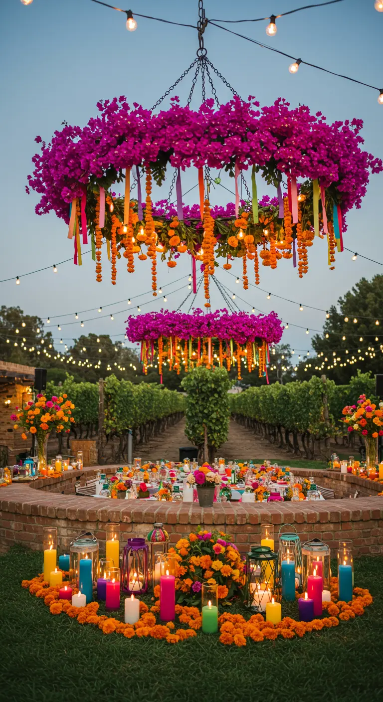 Vibrant pink bougainvillea chandeliers with hanging ribbons and marigolds over a festive party setup.