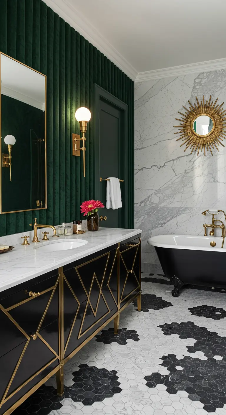 Luxe bathroom with green velvet walls, a black and brass vanity, and a sunburst mirror.