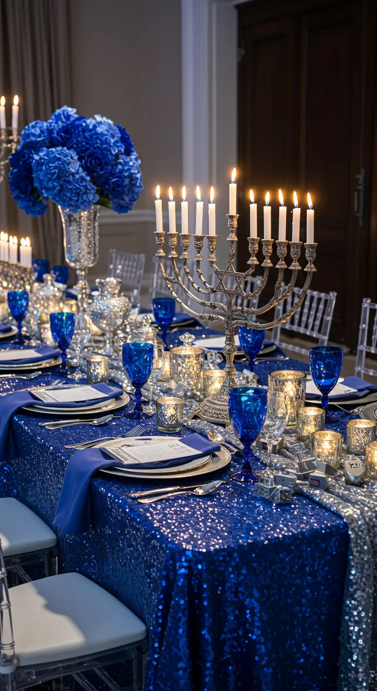 A glamorous Hanukkah table with a royal blue sequin tablecloth, cobalt glassware, and silver accents.