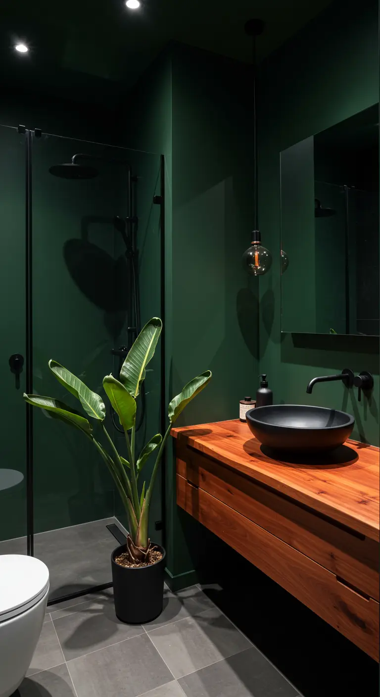 Dark green bathroom with a floating wood vanity, black fixtures, and a large plant.