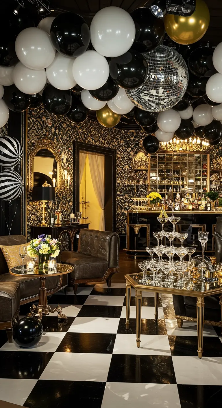 A glamorous party with a checkerboard floor and a ceiling full of black, white, and gold balloons.