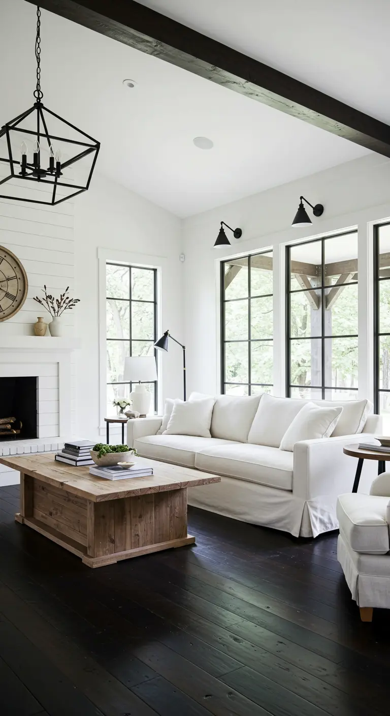 High-contrast living room with dark wood floors, white shiplap walls, and black fixtures.