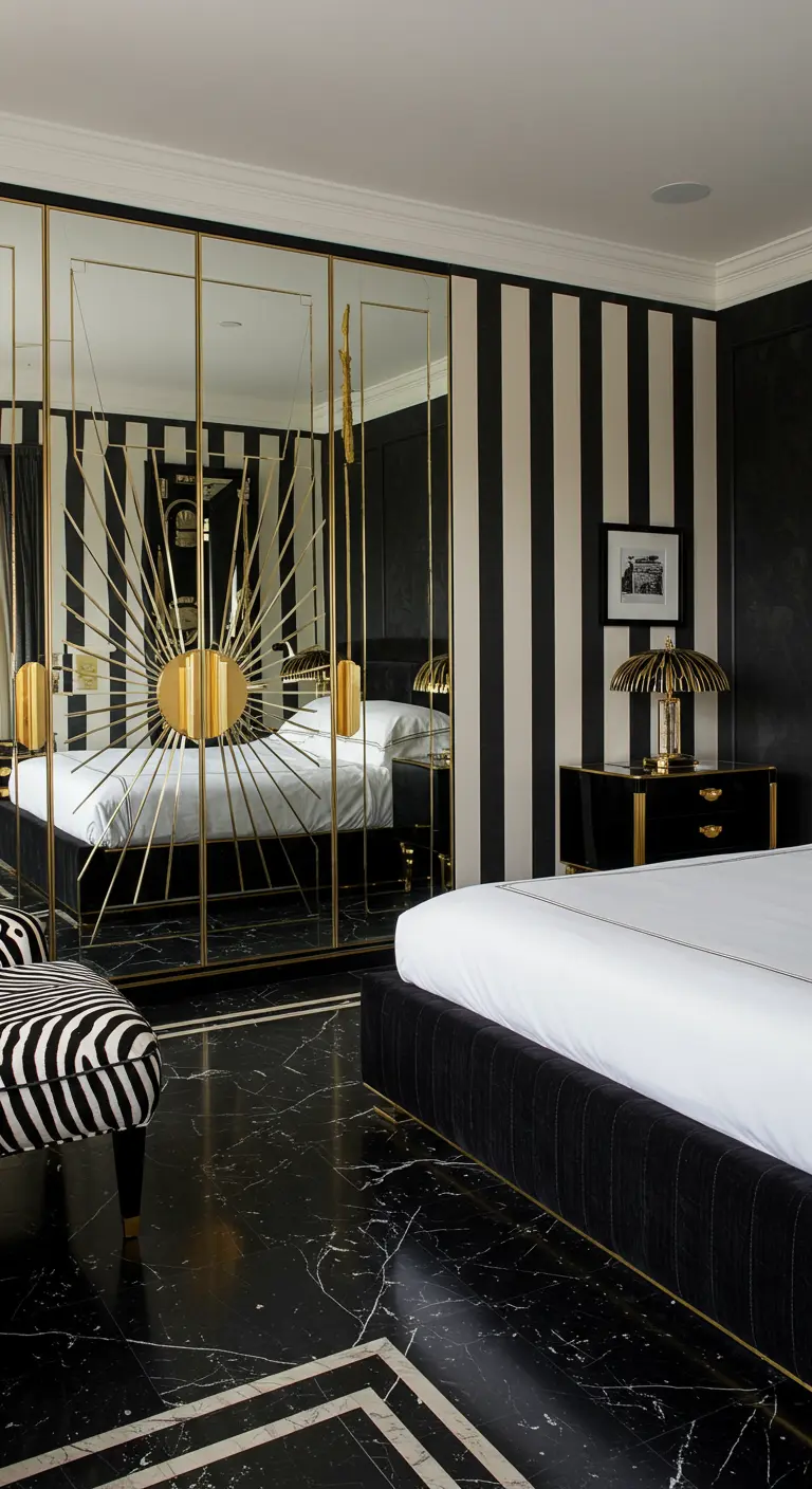 Dramatic black and white striped bedroom with a gold sunburst mirror on the wardrobe.