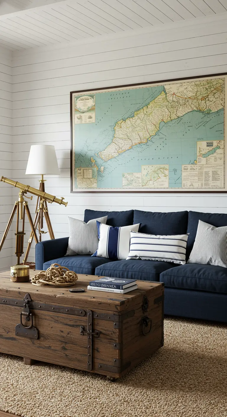 A navy sofa sits below a large vintage nautical map, with a brass telescope on a tripod nearby.
