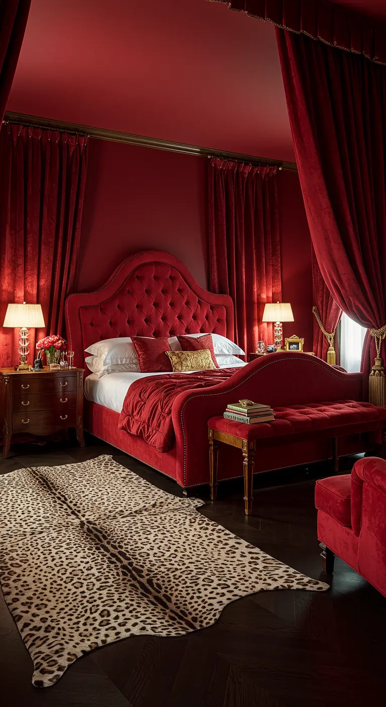 A dramatic all-red bedroom featuring a tufted velvet bed and a leopard print rug.