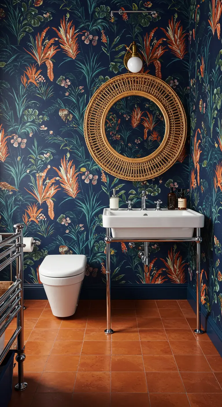 Powder room with dark navy and orange botanical wallpaper and a large rattan mirror.