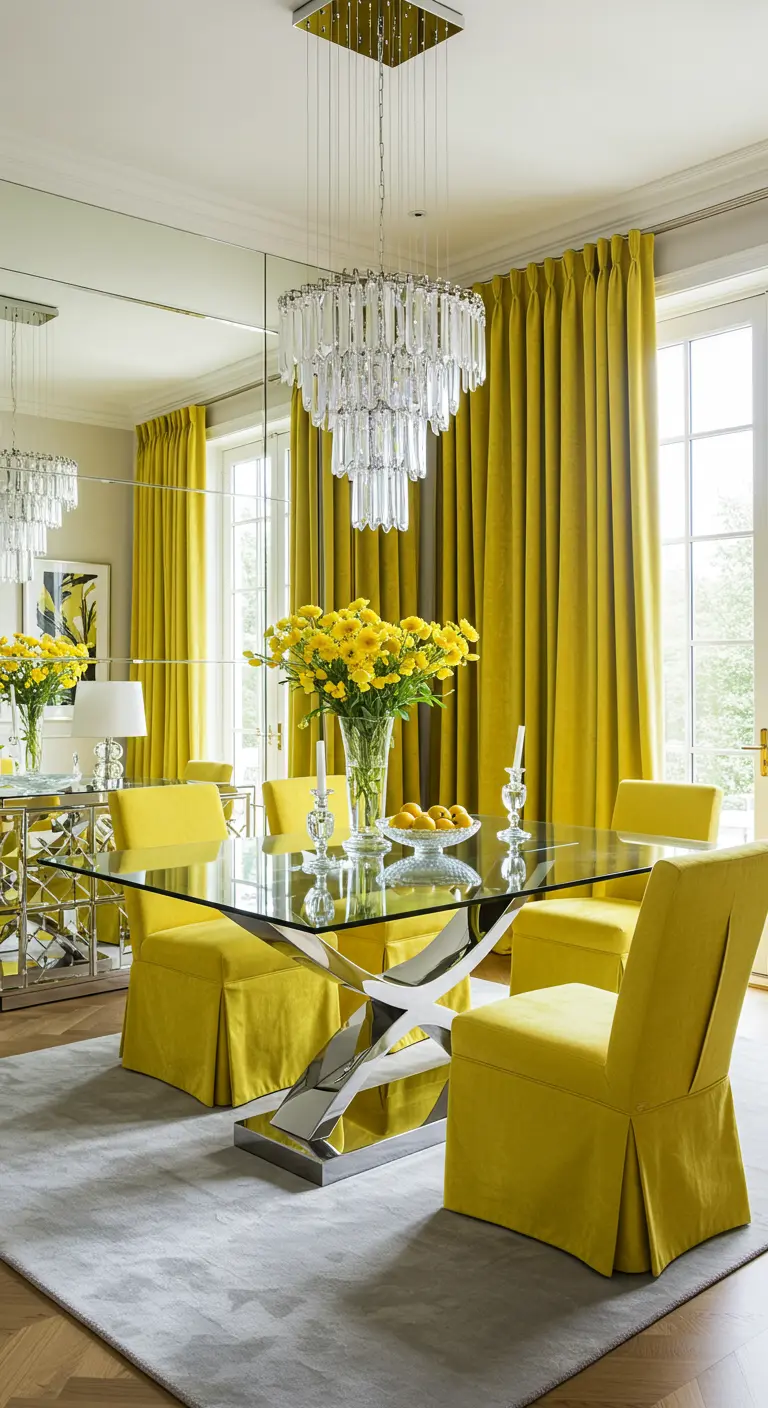 Dining room with bright yellow skirted chairs and a glass and chrome table.