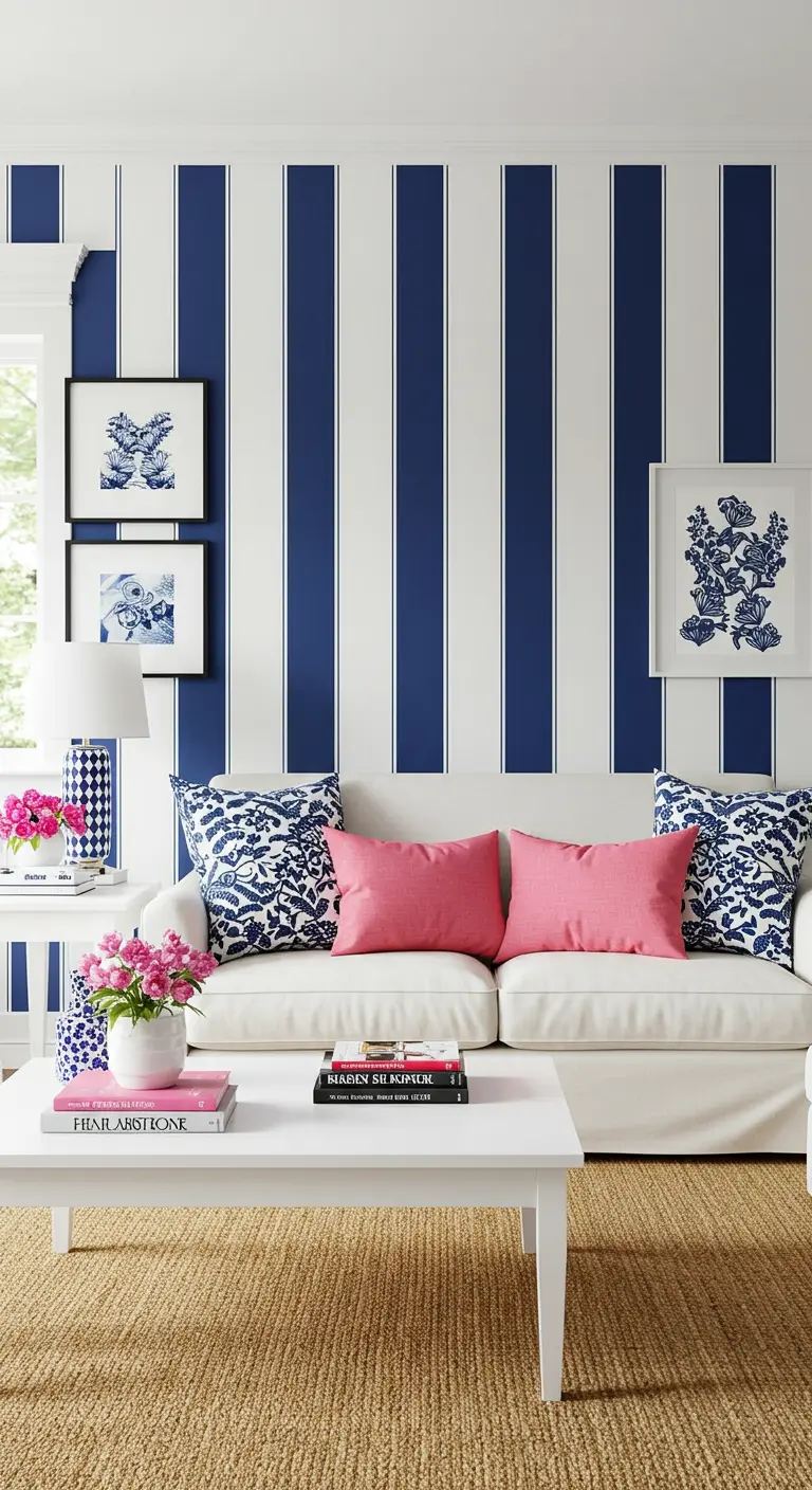 Living room with bold navy and white vertical striped wallpaper and a white sofa with pink pillows.