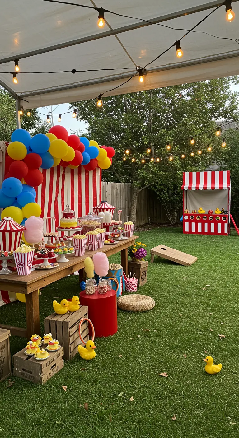 Backyard carnival party with red and white stripes, a balloon arch, and a dessert table.