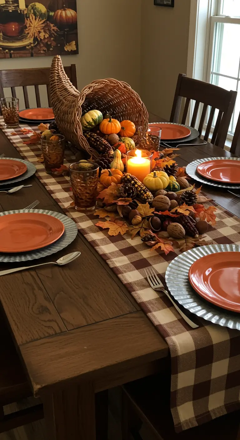 Thanksgiving table featuring a cornucopia centerpiece on a brown buffalo check runner.