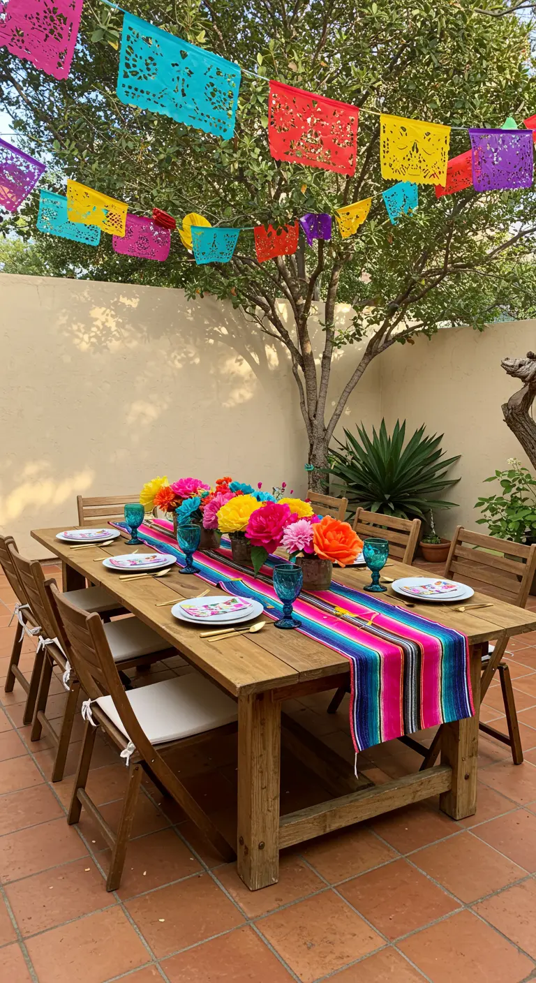 Outdoor fiesta table with a serape runner, paper flowers, and papel picado banners overhead.