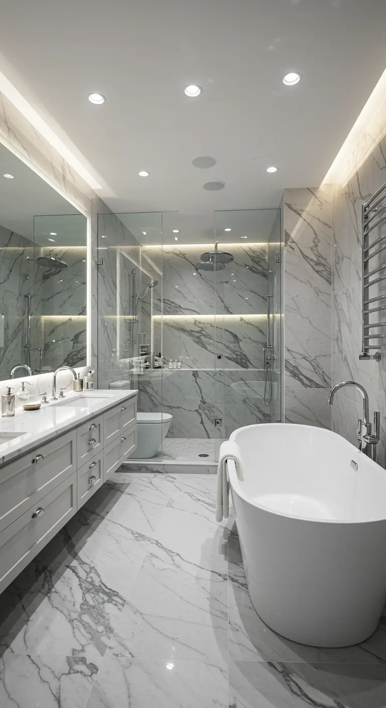 Luxurious bathroom with wall-to-wall Calacatta marble, a freestanding tub, and a glass shower.