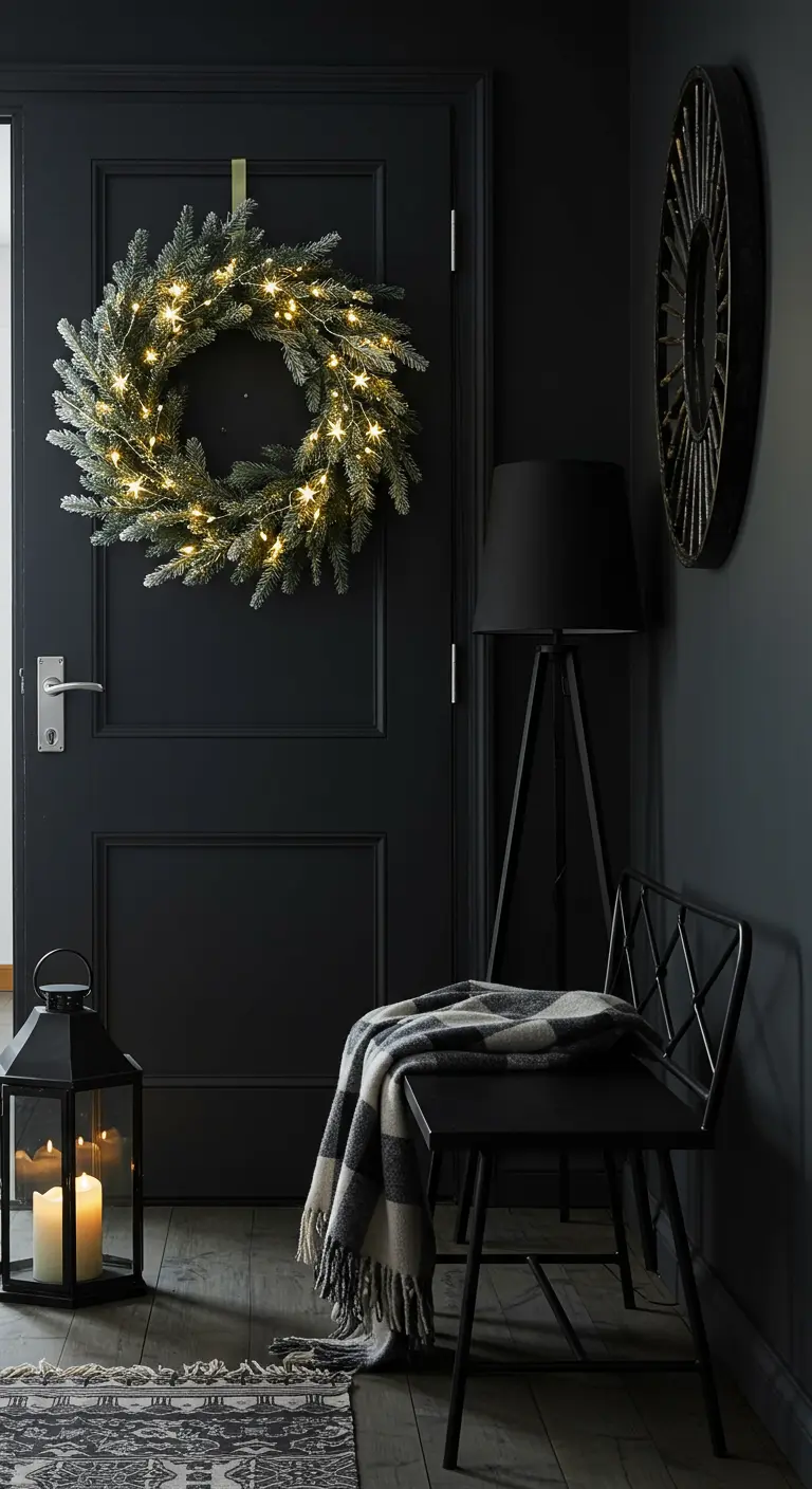 Moody entryway with a frosted wreath on a black door and all-black accessories.