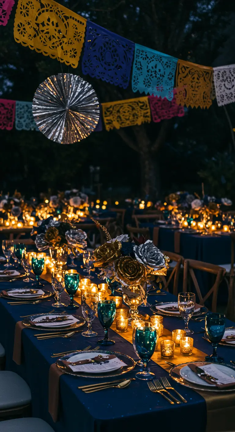A nighttime fiesta table with a navy tablecloth, gold cutlery, and centerpieces of gilded roses and candles.